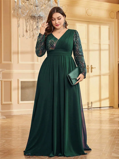 Plus Size Luxury Chiffon Long Sleeve Evening Dress