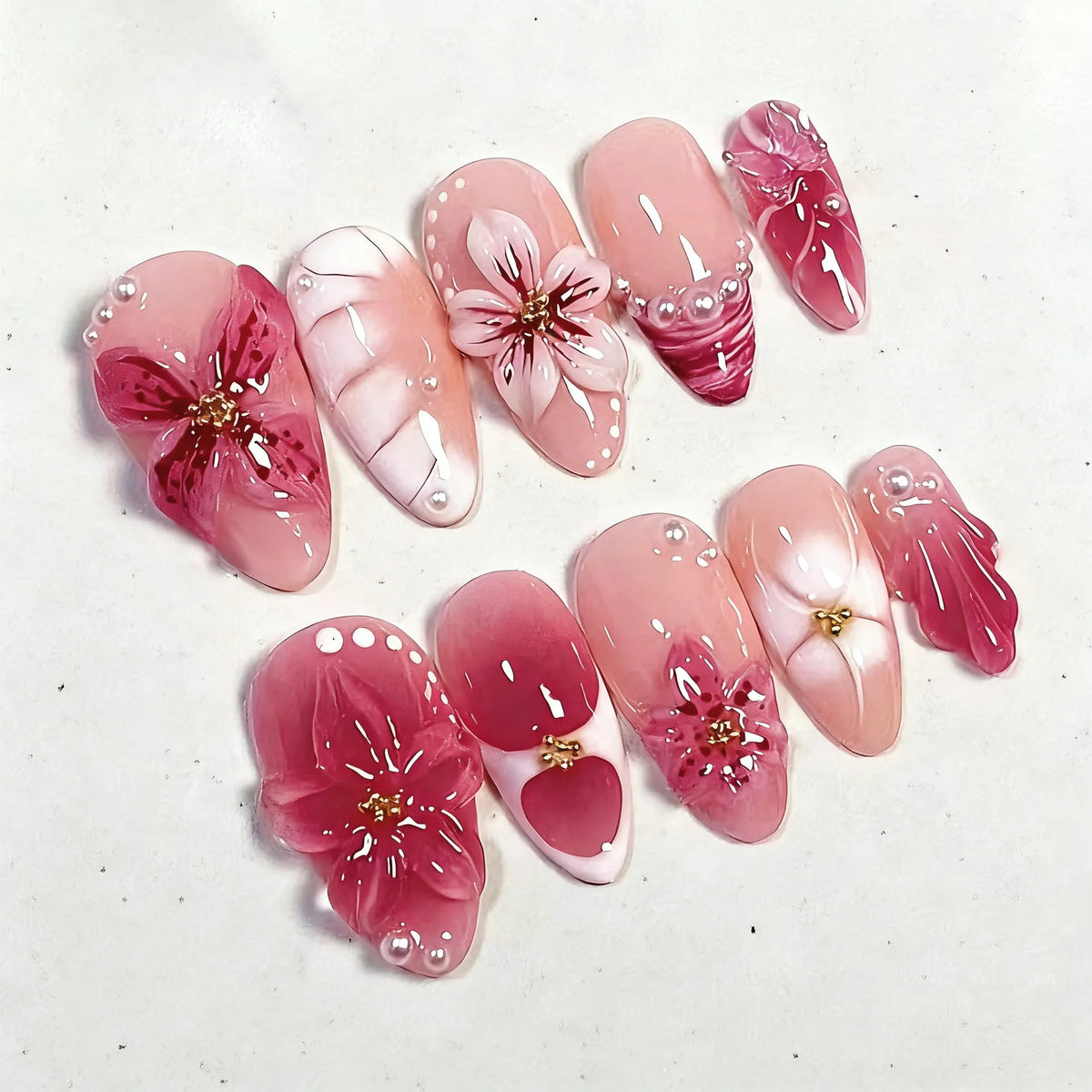 24Pcs Gilded 3D Flower Press on Nails Black French Leopard Print False Nails