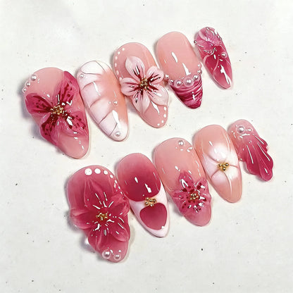 24Pcs Gilded 3D Flower Press on Nails Black French Leopard Print False Nails