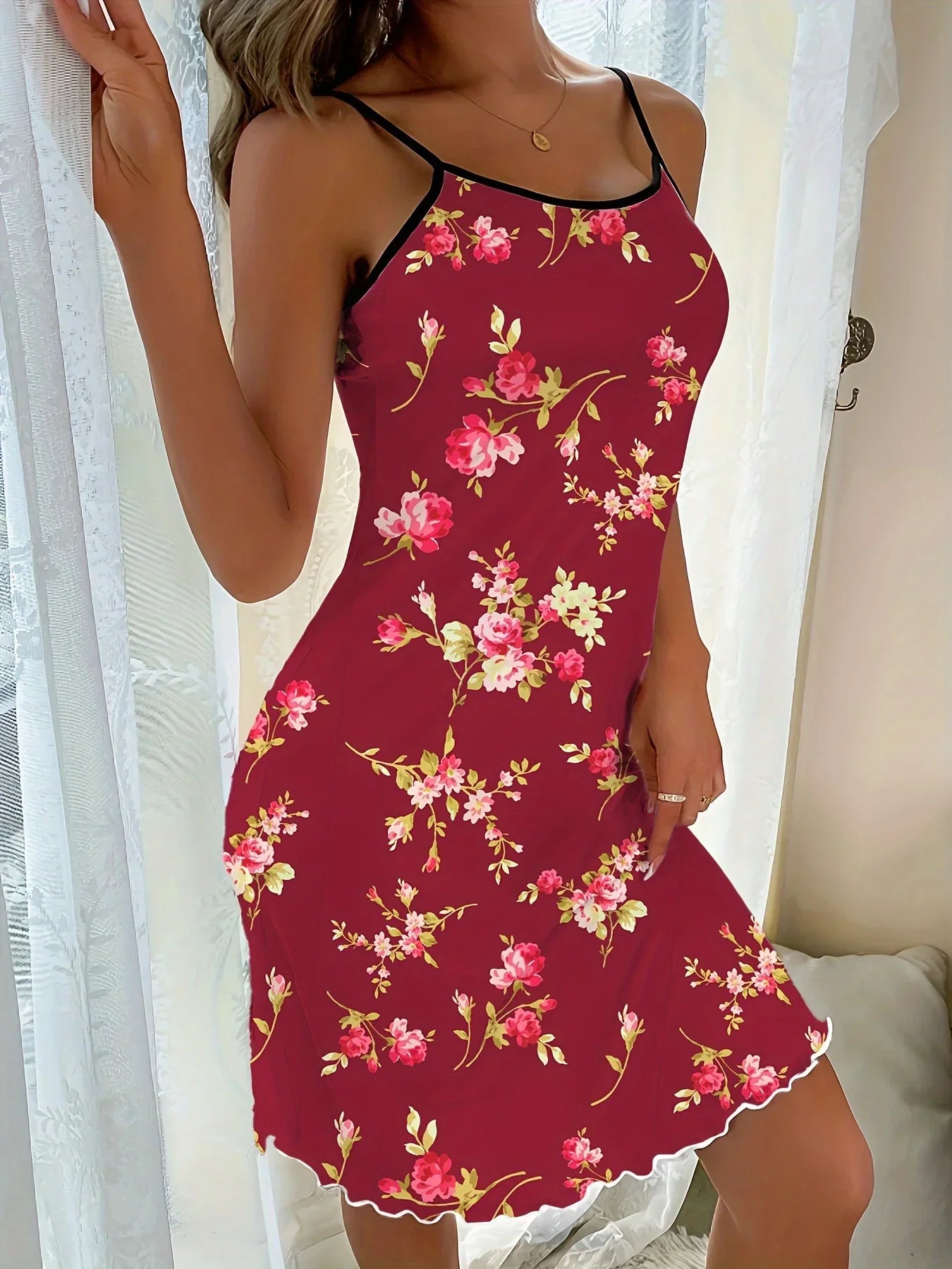 Single-Piece Casual Romantic Floral Print Nightdress