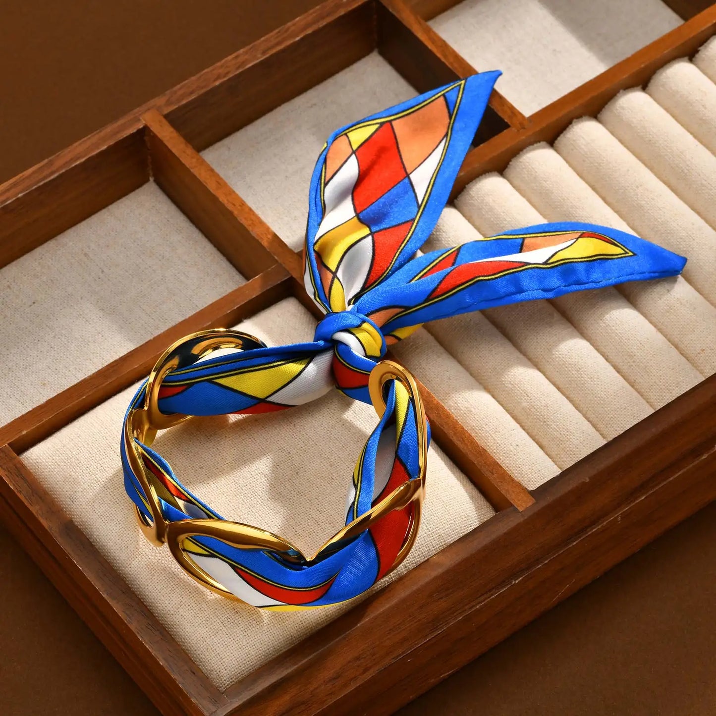 Luxury Simulated Silk Printed Silk Scarf Cuff Stainless Steel Hollow Open Cuff Bracelets