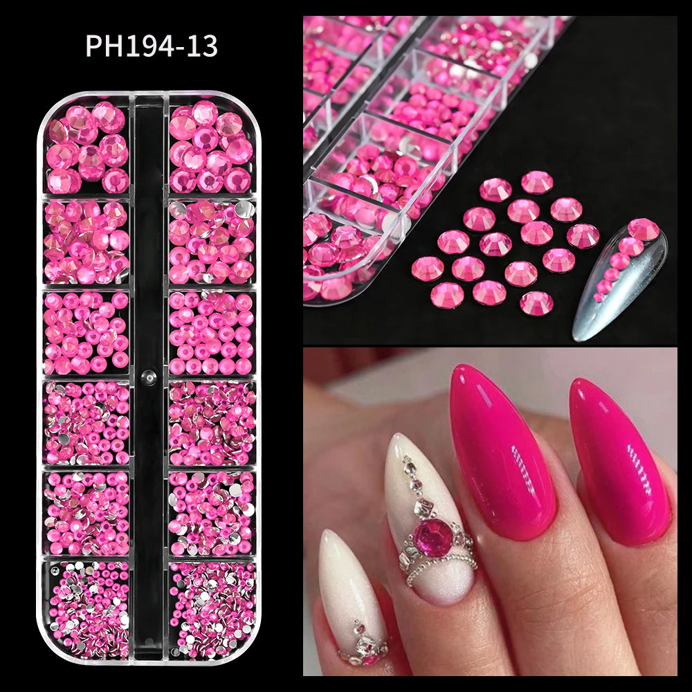 12Gird 3D Glass AB Crystal Nail Art Rhinestones Kit