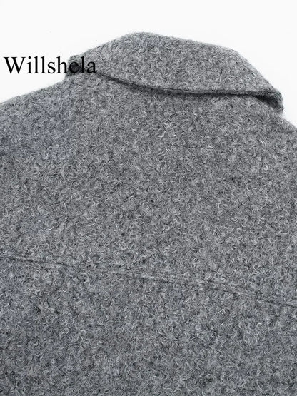 Grey Front Zipper Vintage Lapel Neck Long Sleeves Chic Jacket