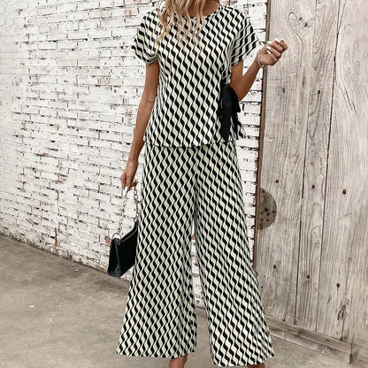 Geometric Wave Print Short Sleeve Tie Slit Wide Leg Pants Set