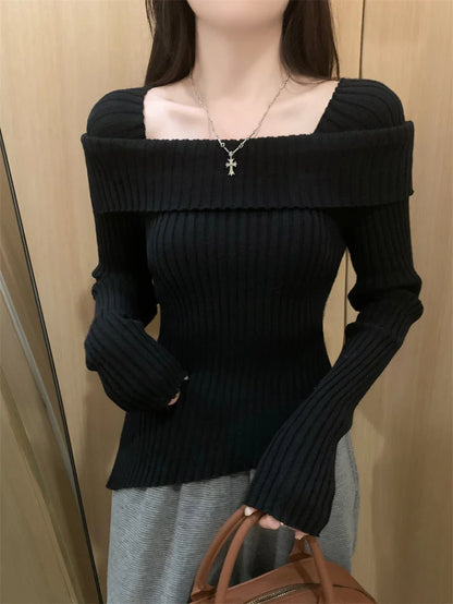 Off Shoulder Sweater Long Sleeve Ribbed Knit Sweater Fitted Pullovers