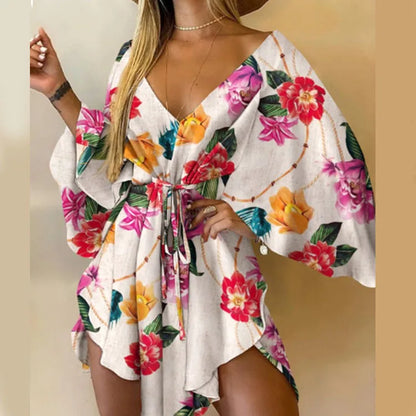 Bat Sleeve Ruffle Flowers Bohemian Mini Dress