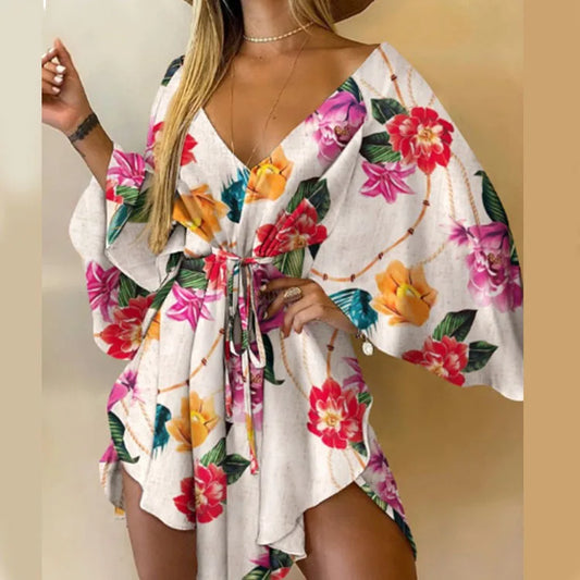 Bat Sleeve Ruffle Flowers Bohemian Mini Dress
