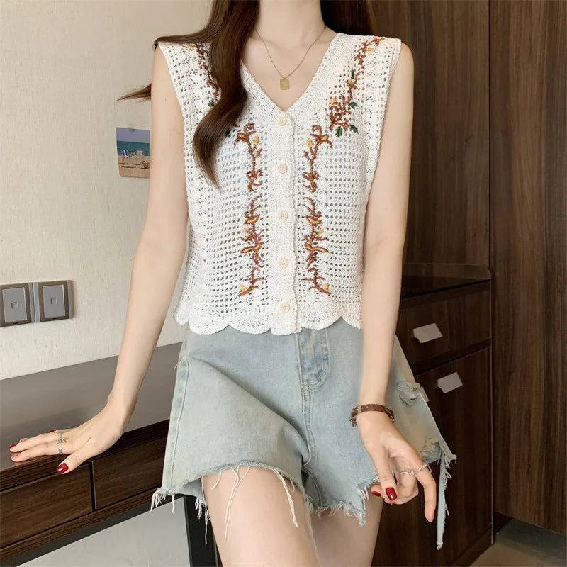 Floral Vest Button Front Waistcoat Openwork Knit Sleeveless Jacket