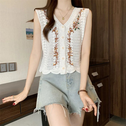 Floral Vest Button Front Waistcoat Openwork Knit Sleeveless Jacket