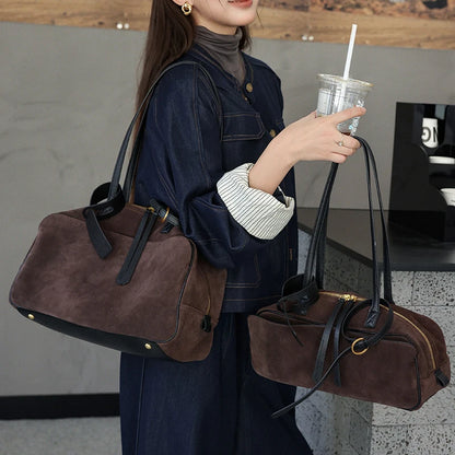 Autumn Winter Cow Genuine Leather Tote Suede Large Capacity Velvet Bags