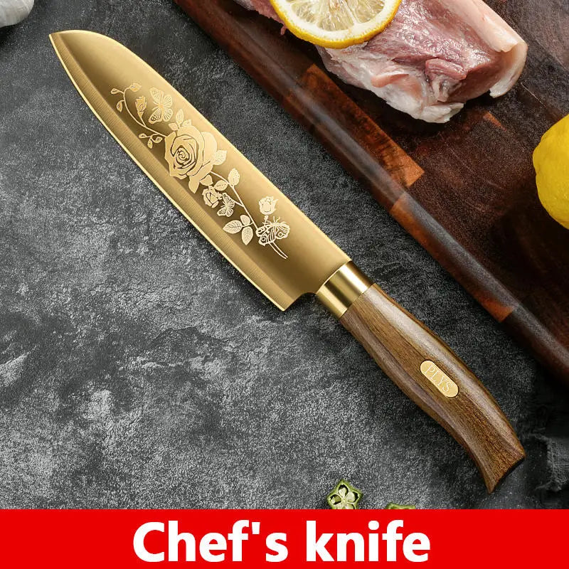 Golden Rose Pattern Kitchen Knife Set