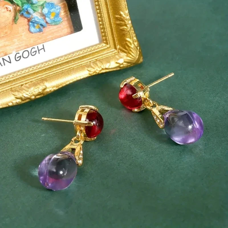 Luxurious Gold Red Stone Amethyst Sparkling Drop Earring Set