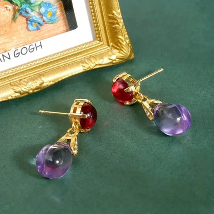 Luxurious Gold Red Stone Amethyst Sparkling Drop Earring Set