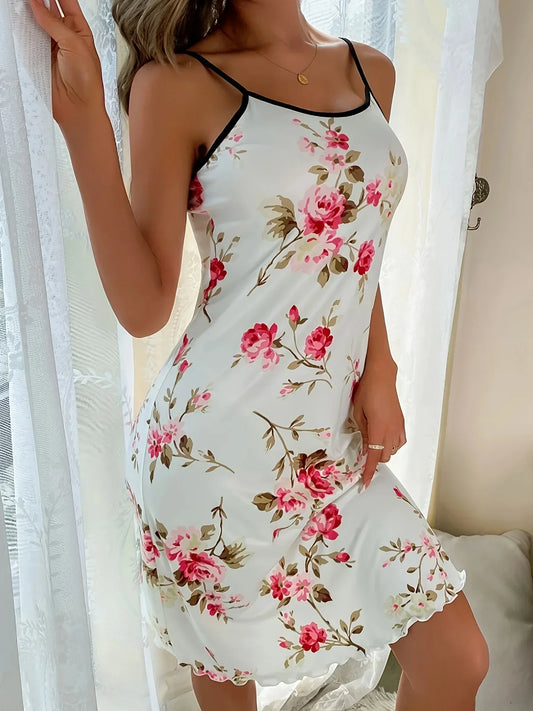 Single-Piece Casual Romantic Floral Print Nightdress