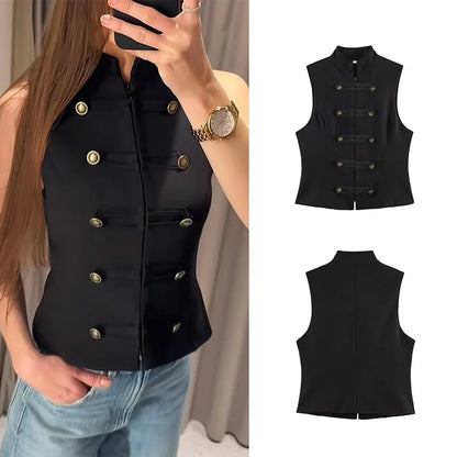 Black Sleeveless Rope Knot Decorative Slim Fit Top Vest