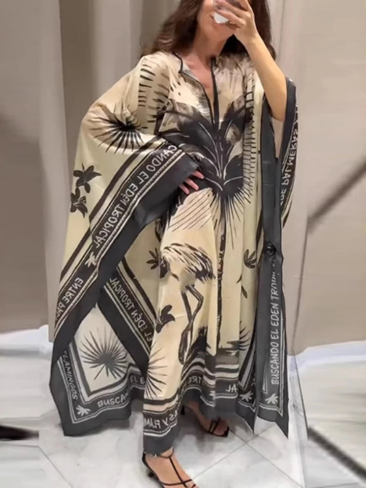 Loose Print Bohemian Retro V-neck Temperament Beach Dress