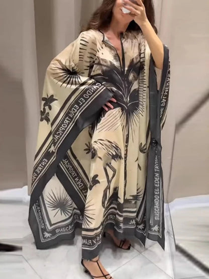 Loose Print Bohemian Retro V-neck Temperament Beach Dress