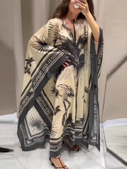 Loose Print Bohemian Retro V-neck Temperament Beach Dress