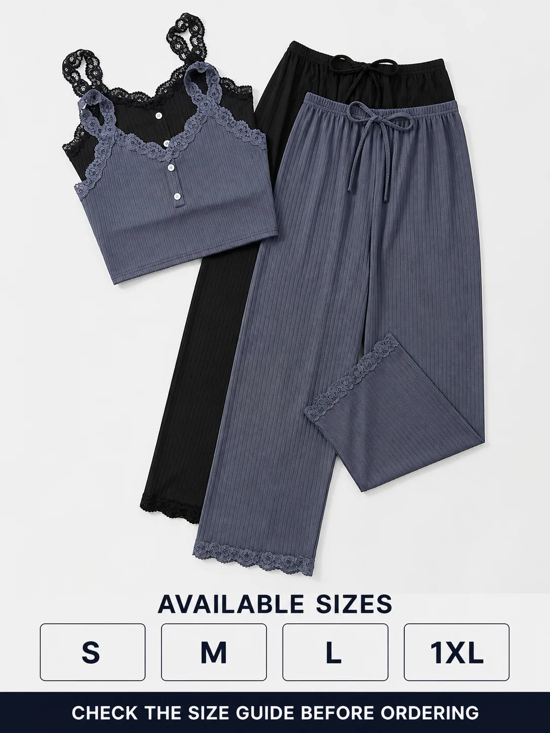 Lace Trim Camisole Tops and Ankle-Length Pants Polyester Elastane Sleepwear Set