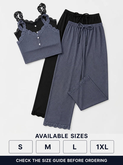 Lace Trim Camisole Tops and Ankle-Length Pants Polyester Elastane Sleepwear Set