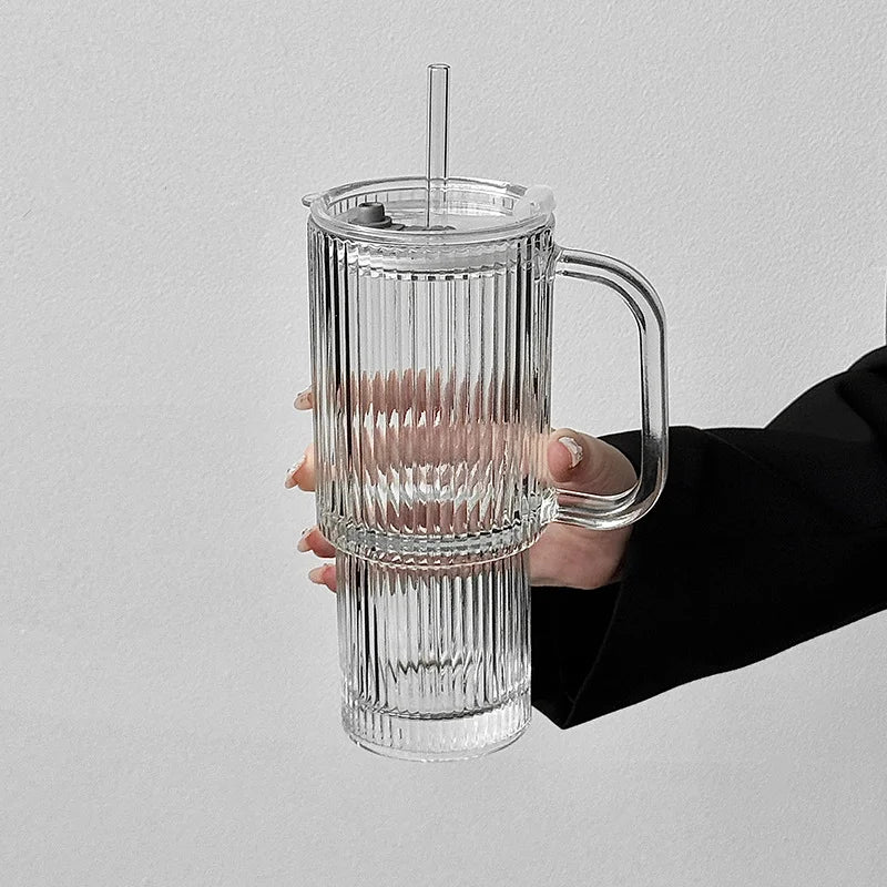 Vertical Striped Glass Cup With Handle Lid Straw Large Drinking Mug