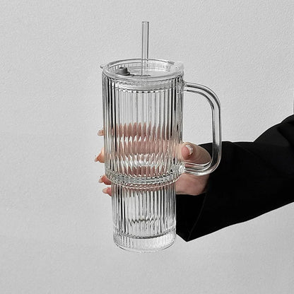 Vertical Striped Glass Cup With Handle Lid Straw Large Drinking Mug