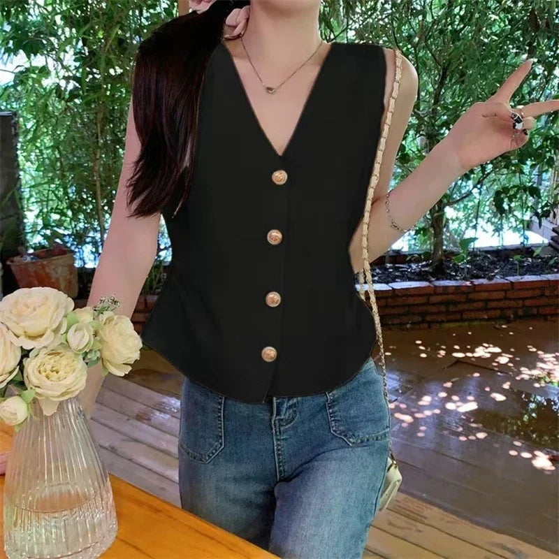 Gold Button Front Vest V-Neck Ruched Waist Sleeveless Knit Jacket