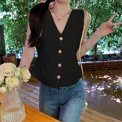 Gold Button Front Vest V-Neck Ruched Waist Sleeveless Knit Jacket