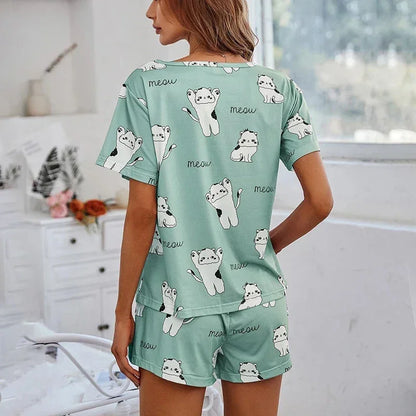 Short Sleeve Nightwear Cartoon Print Pyjamas Set