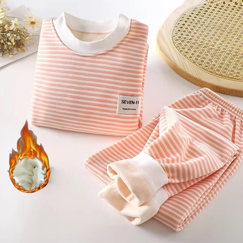 Striped Plush Warm Pajamas Autumn and Winter Pajamas 0-5 Years Old Set