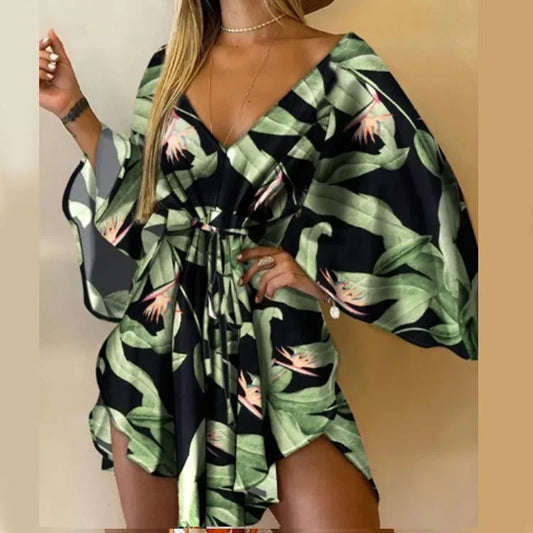 Sexy Bat Sleeve Ruffly Flowers Mini Dress