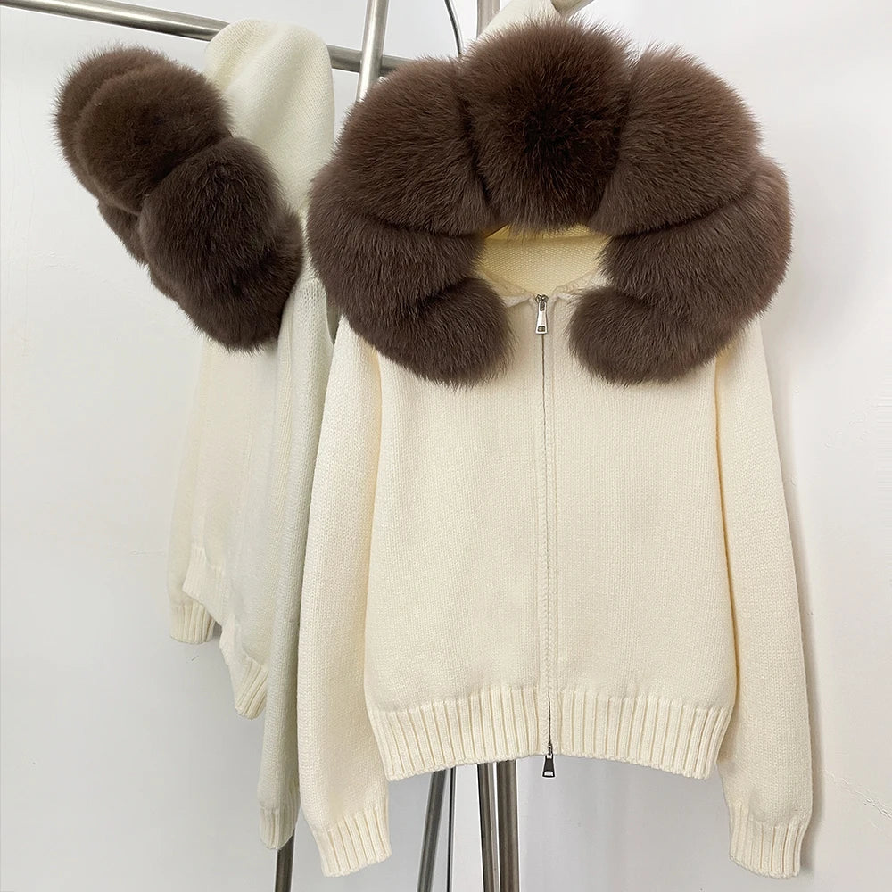 Autumn Winter Casual Hooded Real Fox Fur Collar Short Knitted Jacket