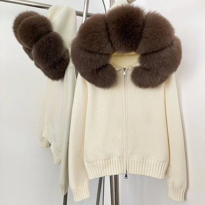Autumn Winter Casual Hooded Real Fox Fur Collar Short Knitted Jacket