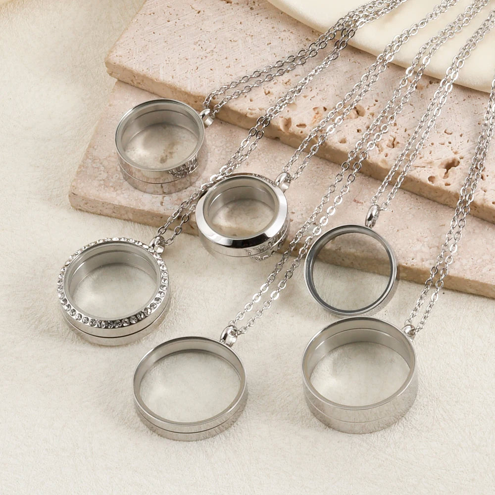 1Pc 10-45mm Round Memory Coin Bezel Locket Pendant Necklaces