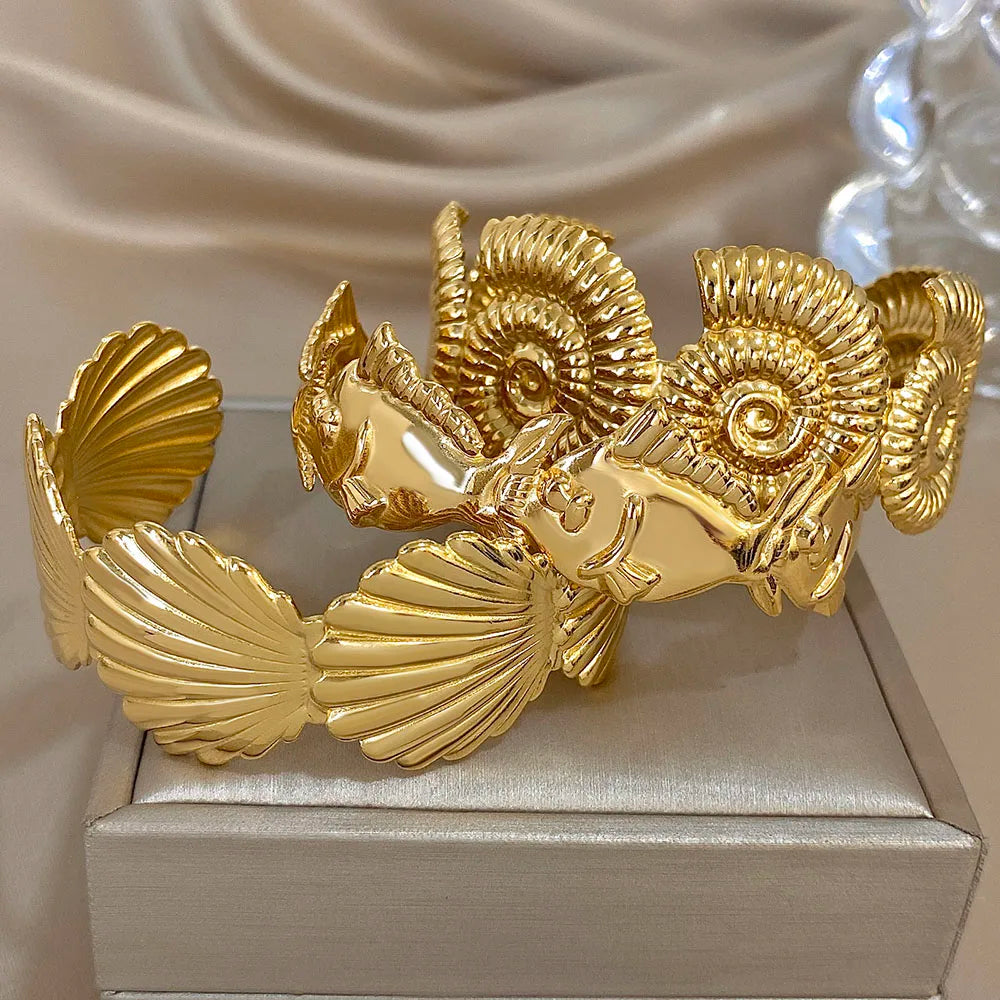 Gold Stainless Steel Open Exaggerated Fish Conch Shell Chunky Bangle Bracelets