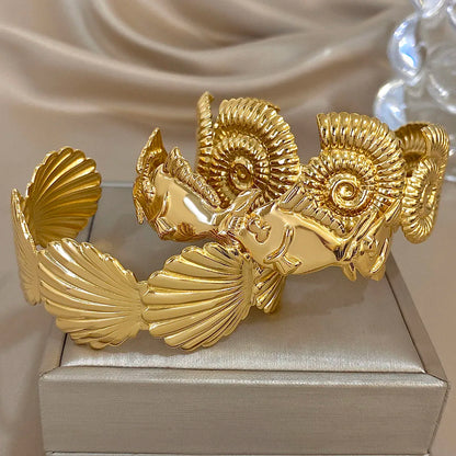 Gold Stainless Steel Open Exaggerated Fish Conch Shell Chunky Bangle Bracelets