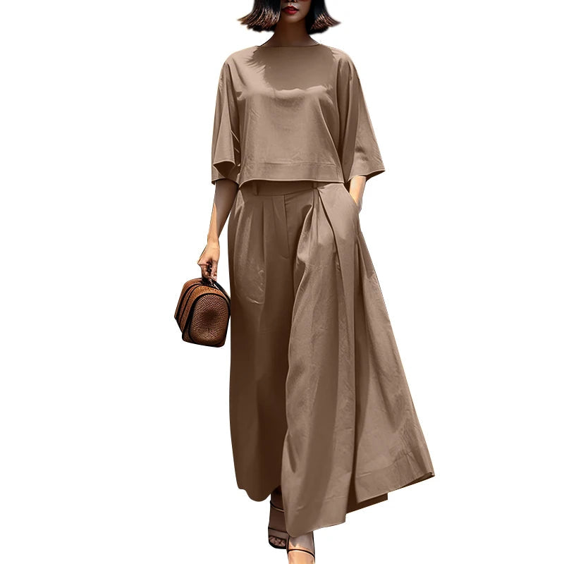 3/4 Sleeve Blouse Trousers Suits Wide Leg Pants Sets