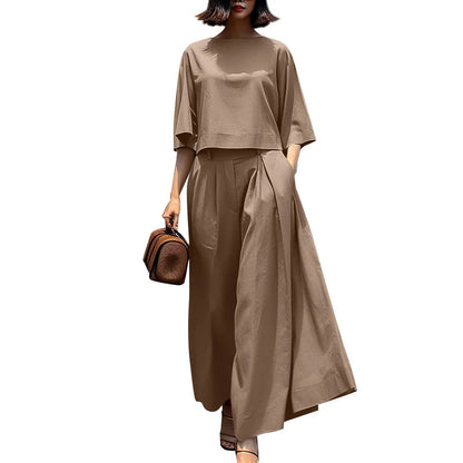 3/4 Sleeve Blouse Trousers Suits Wide Leg Pants Sets