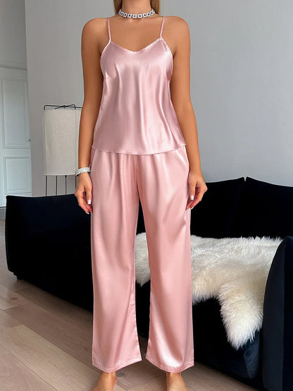 V-neck solid suspender pants sexy pyjamas 2 sets