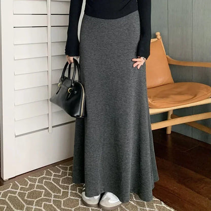Gray Knitted Hip Wrap High Waist Fish Tail Midi Skirts