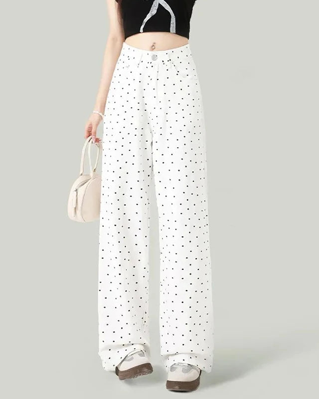 Wave Point Straight Leg Denim High Waist Trousers Jeans