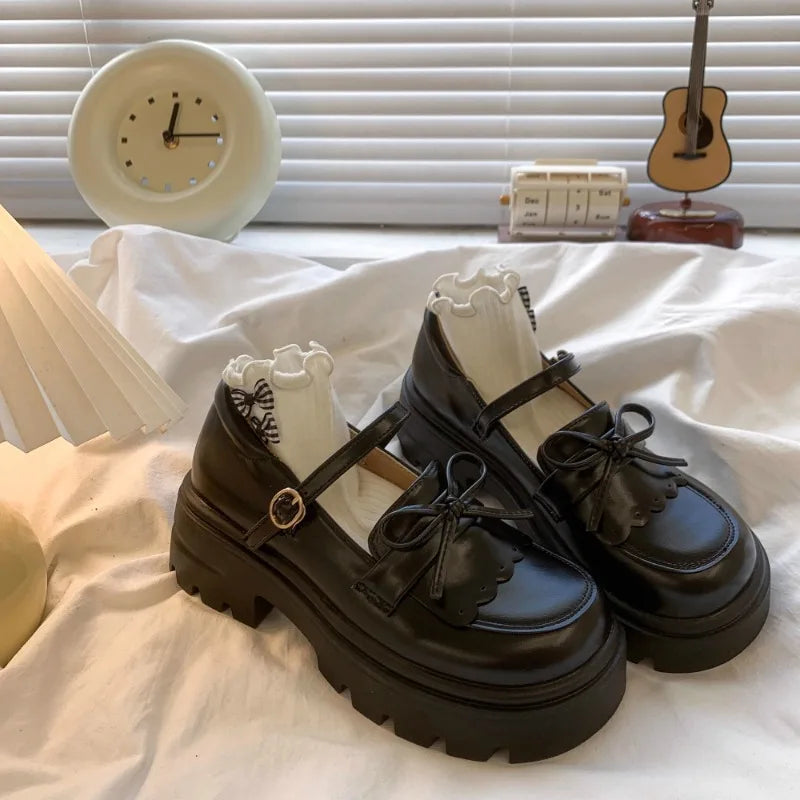 Black Leather Mary Janes Bow Thick Sole Casual Toddler Shoes
