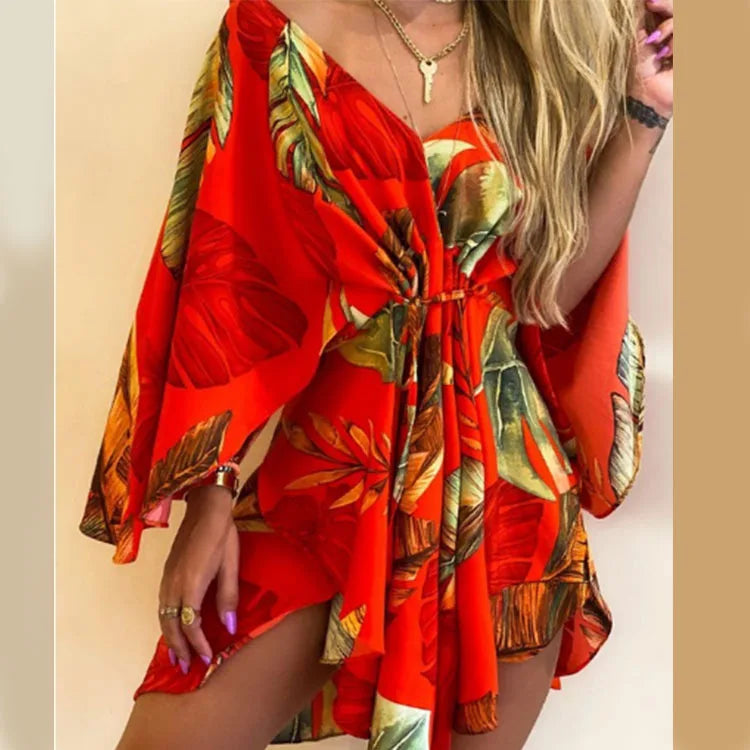 Bat Sleeve Ruffle Flowers Bohemian Mini Dress