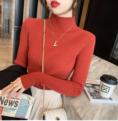 Knitted Long Sleeve Mock Neck White Knit Tops Sweaters