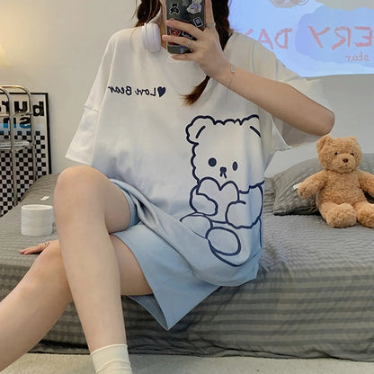 Loose Fit Cartoon Bear Short Sleeve Gradient Casual Pajamas Sets