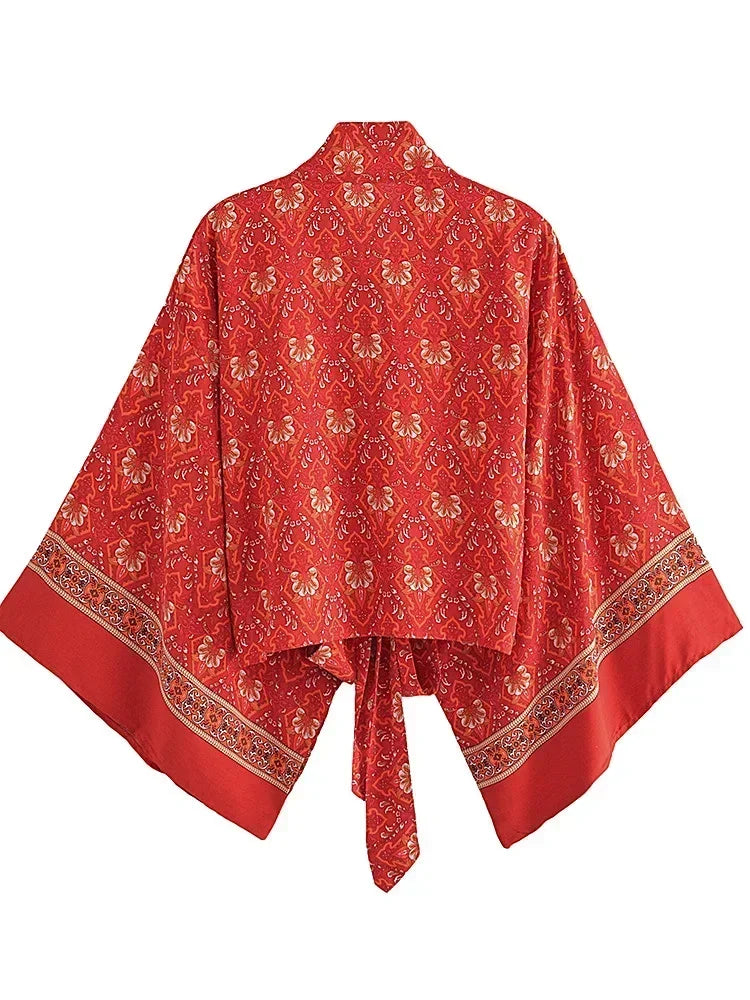 Boho Queens Red Floral Beach Kimono Short Robe Swimsuits