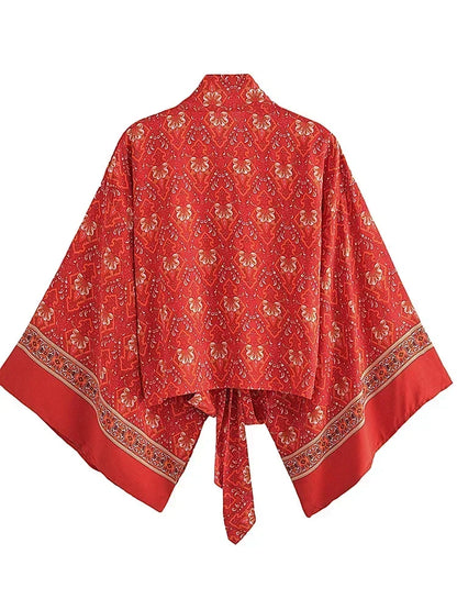 Boho Queens Red Floral Beach Kimono Short Robe Swimsuits