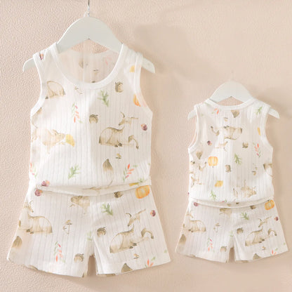 Cartoon Thin Style Sleeveless Baby Pajamas Set