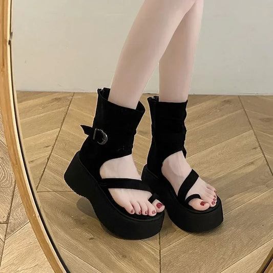 Vintage Platform Roman Sandal Boots Thong Toe Metal Buckle Punk Shoes