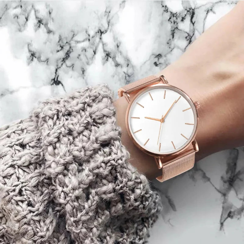Luxury Metal Mesh Quartz Elegant Rose Gold Wristwatch